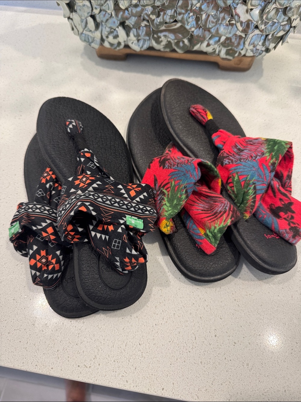 2 pairs Sanuk Women's Black Sandals with Red & Black Patterned Fabric Straps